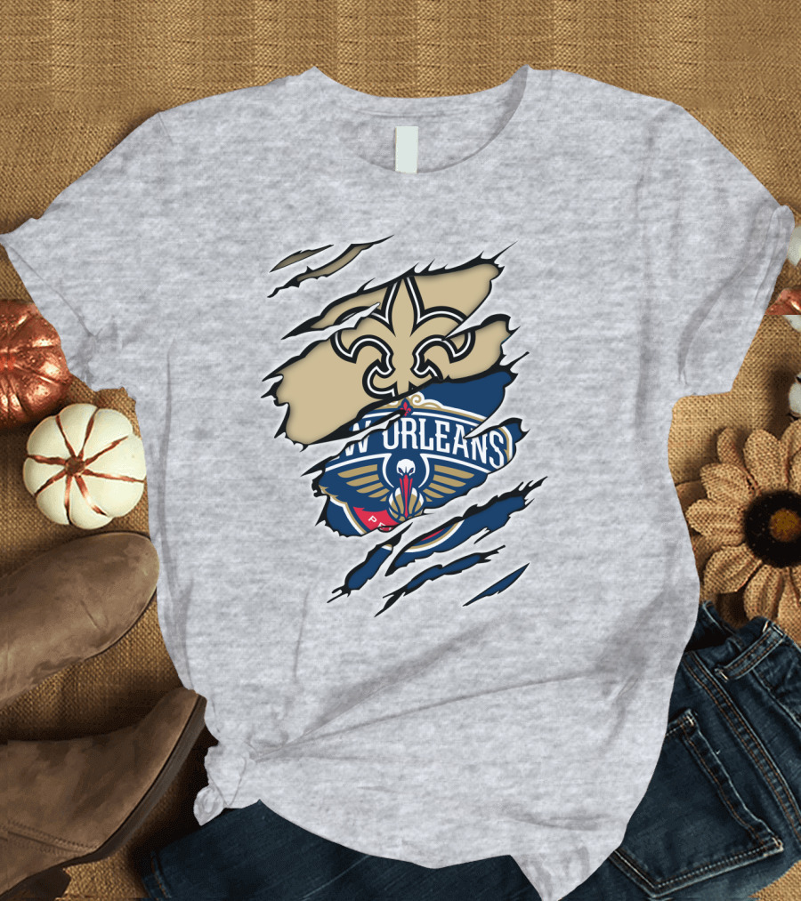 New Orleans Saints Pelicans Fleur-de-Lis Rip T-Shirt