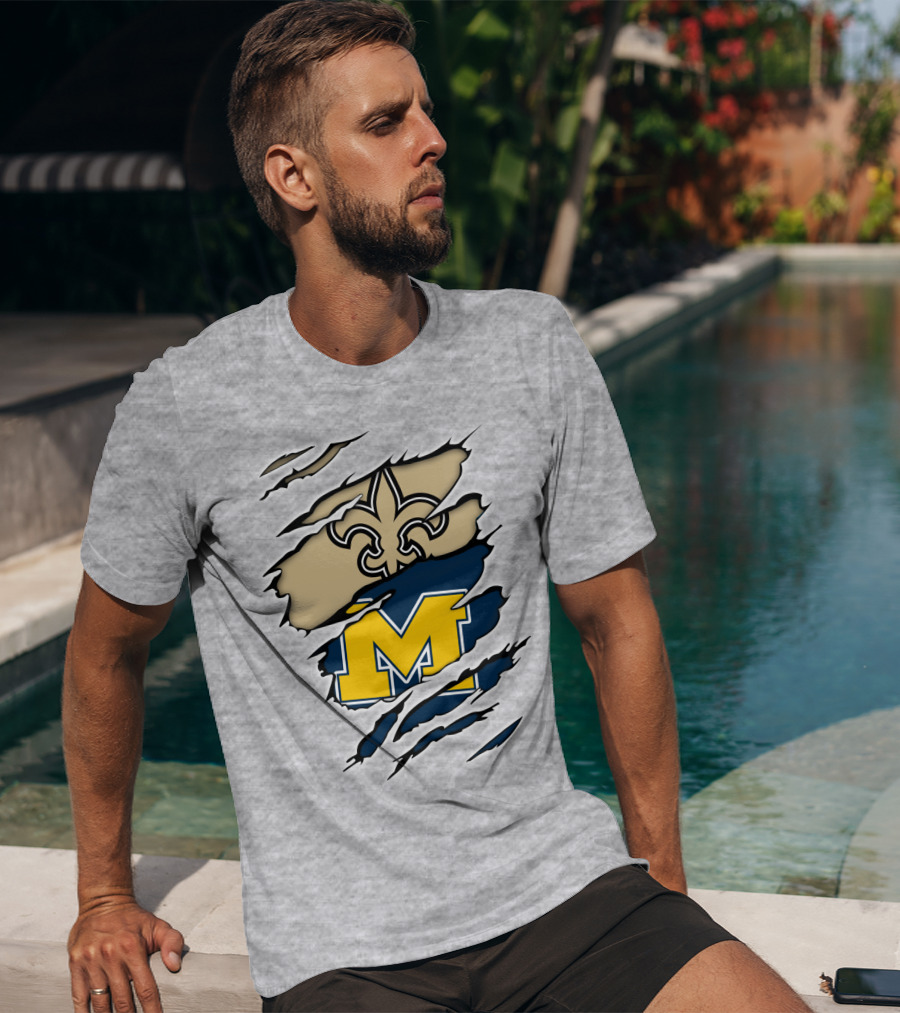 New Orleans Saints Fleur-De-Lis And Michigan Wolverines M Logo Ripped T-Shirt