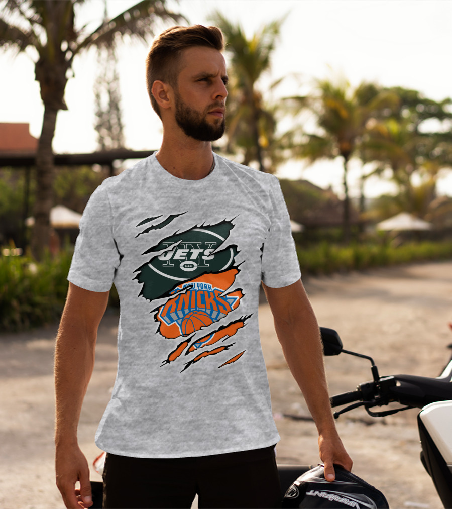 New York Jets Knicks Basketball Football Fan Crossover T-Shirt