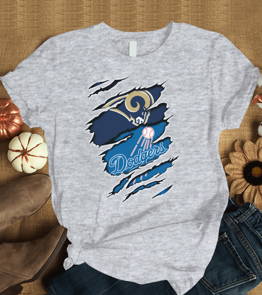 Rams Dodgers Scratch Tear Logo Crossover Fusion T-Shirt