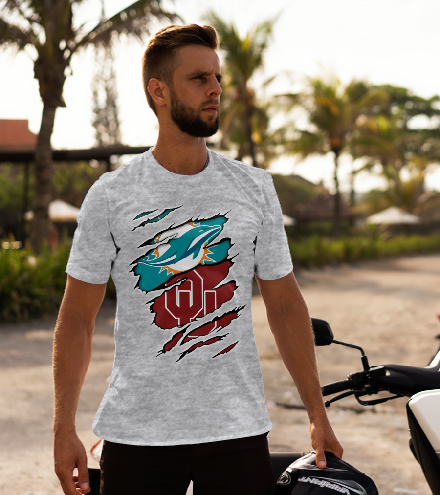 Miami Dolphins Oklahoma Sooners Teal Aqua Crimson Red Blend T-Shirt