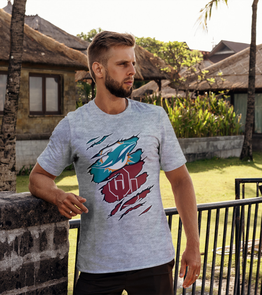 Miami Dolphins Oklahoma Sooners Teal Aqua Crimson Red Blend T-Shirt