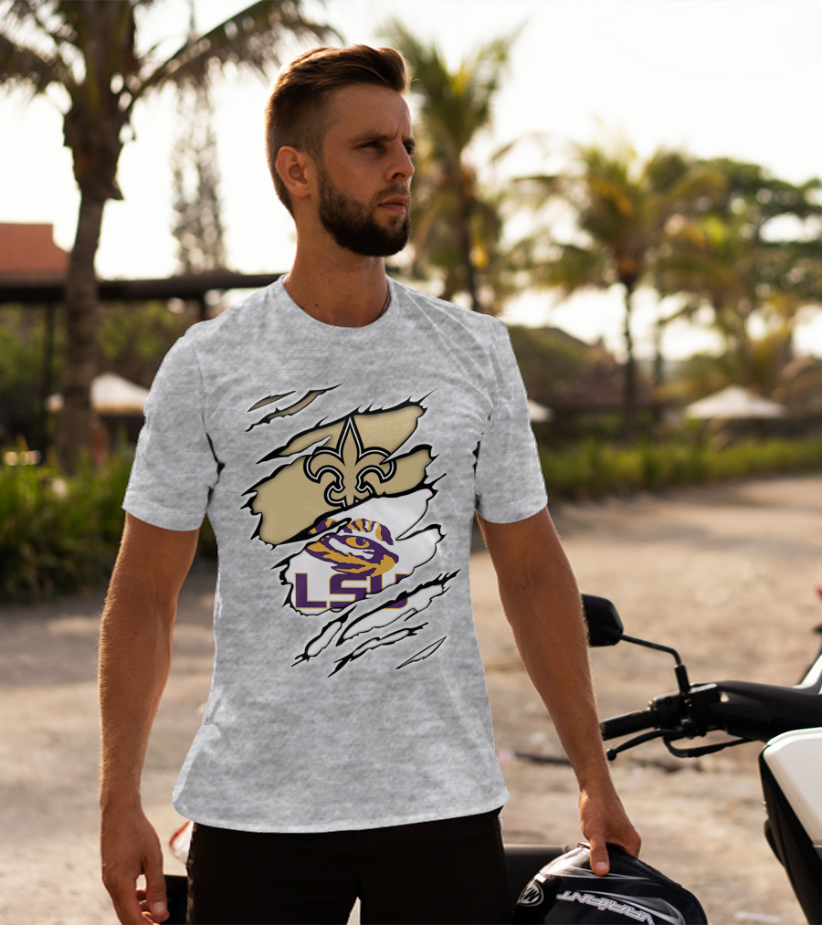 Saints Fleur-de-lis And LSU Tiger Eye Logo Fusion T-Shirt