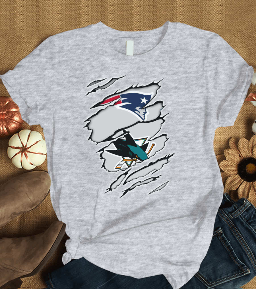 New England Patriots San Jose Sharks Ripped Tear T-Shirt