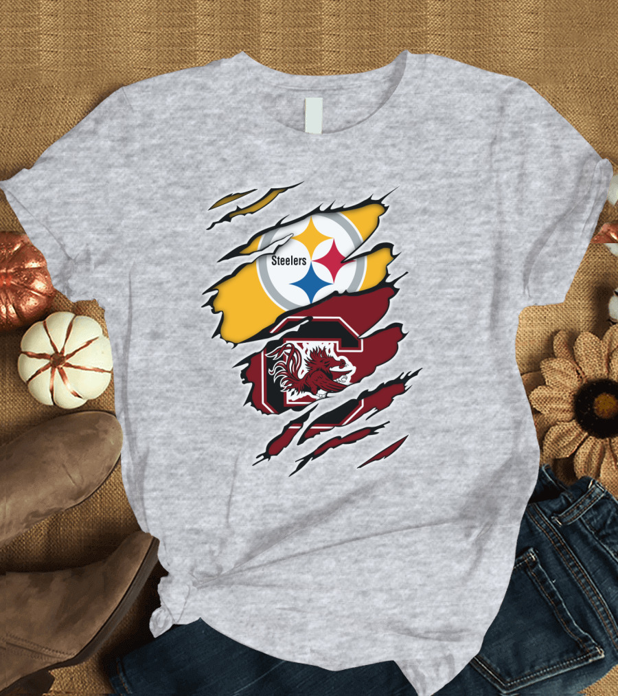 Steelers Gamecocks Logo Mashup with Scratch Marks T-Shirt