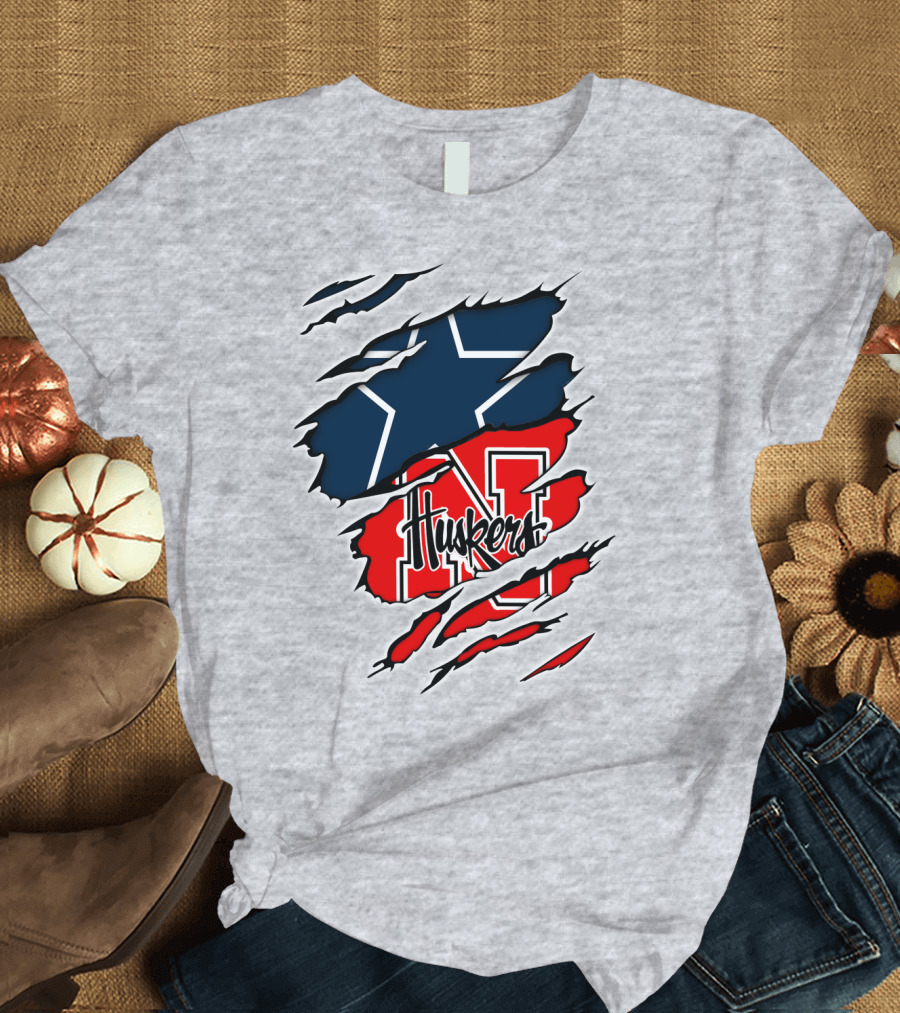 Cowboys Nebraska Huskers N Logo with Star Ripped T-Shirt