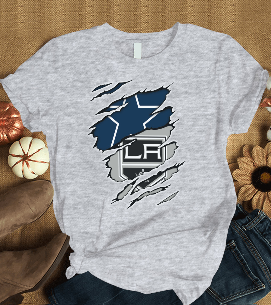 Cowboys Kings LA Logos Behind Torned Blue Star T-Shirt