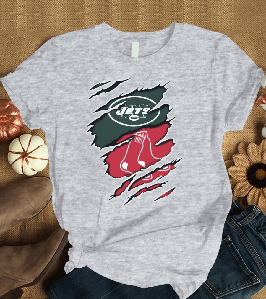Jets Redsox Torn Logos Green Football Red Socks T-Shirt