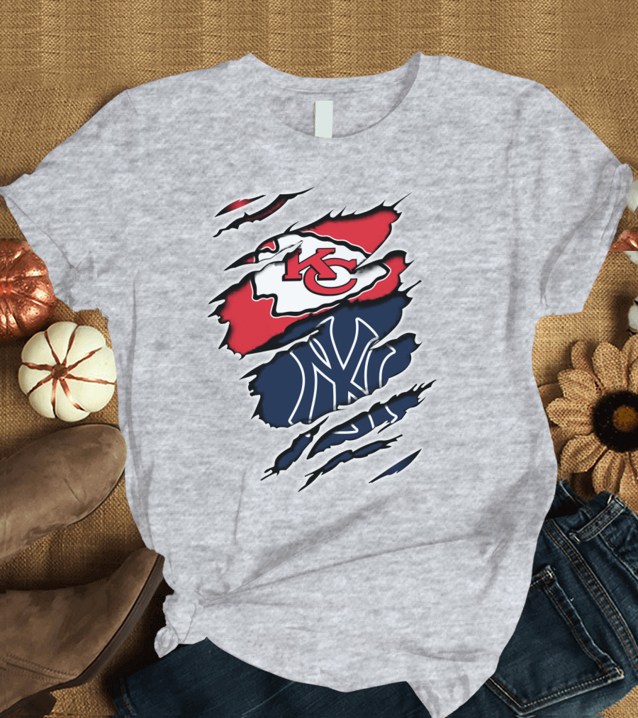 Chiefs Yankees KC NY Hybrid Logo Ripped T-Shirt