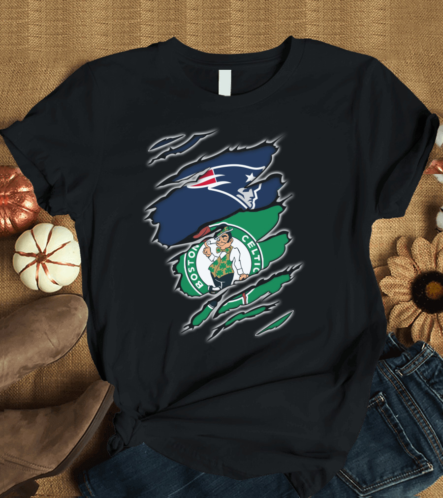 New England Patriots Boston Celtics Logo Mashup T-Shirt