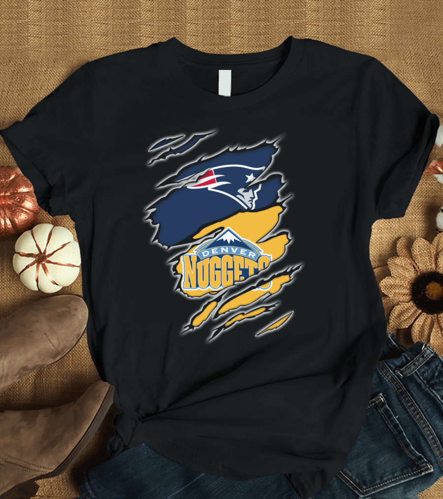 New England Patriots and Denver Nuggets Logos Mashup T-Shirt