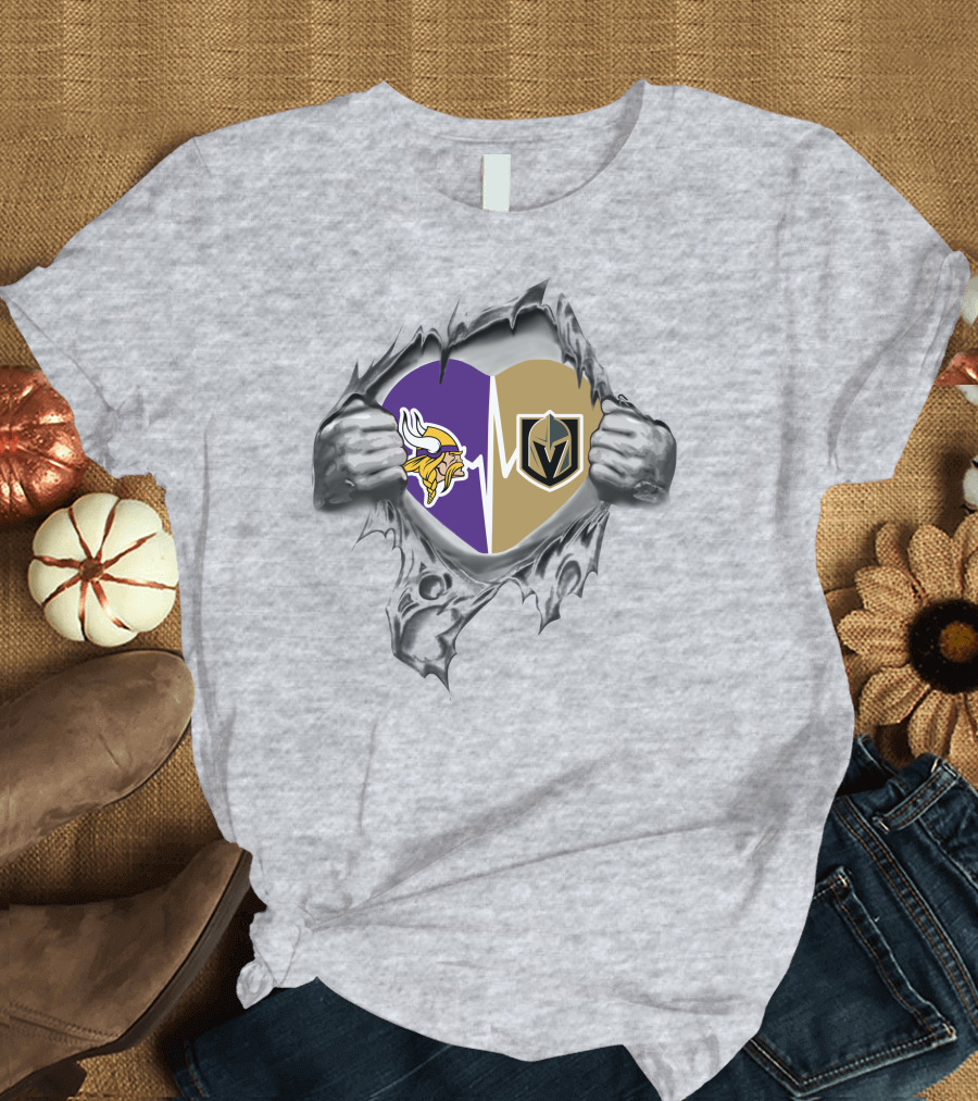 Golden Knights and Vikings Heartbeat Symbol with Torn T-Shirt