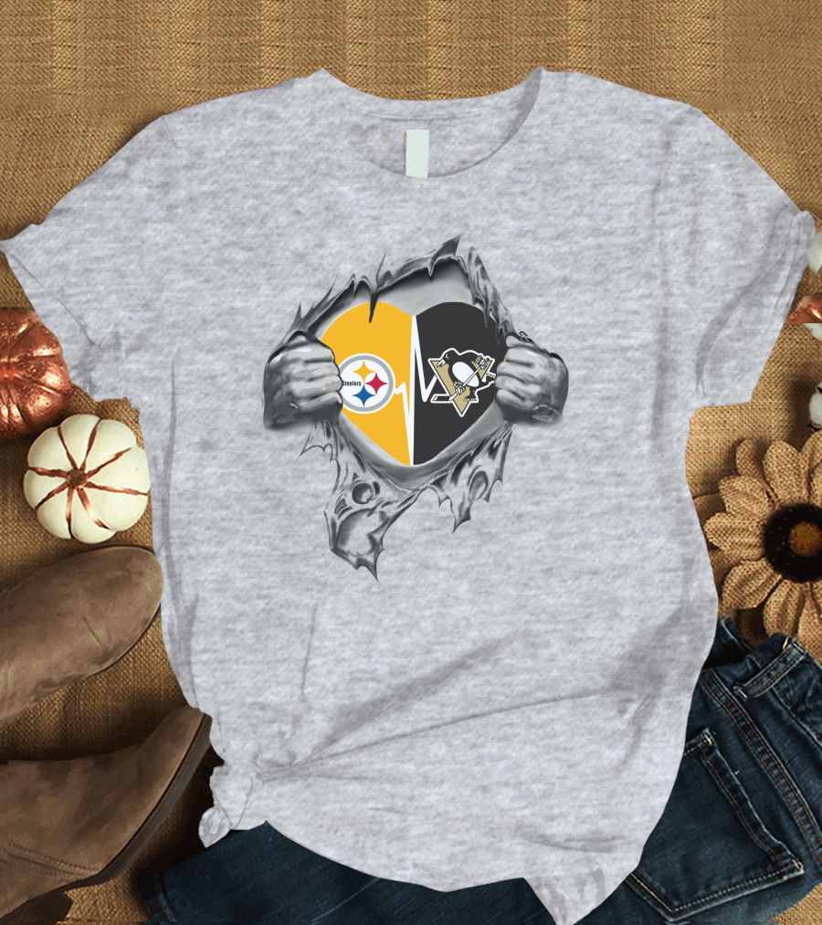 Steelers Penguins Heart with Steelers Star and Penguins Hockey T-Shirt