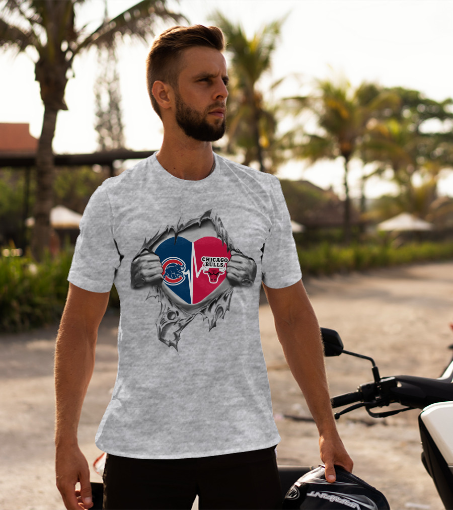 Chicago Cubs Chicago Bulls Heart Logo Torn Reveal T-Shirt