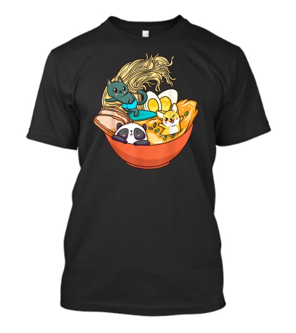 Cute Kawaii Cat Panda Dog In Ramen Bowl Japanese Anime Noodle T-Shirt