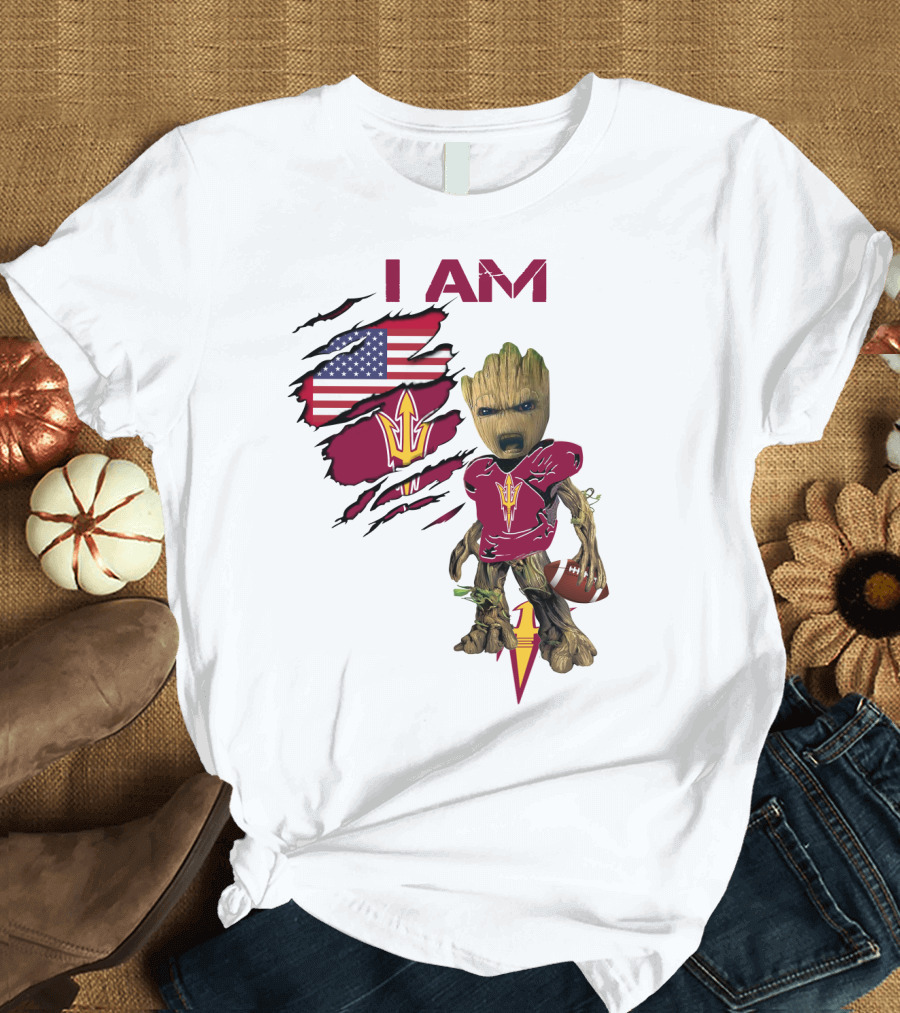 I Am ASU Baby Groot Football American Flag T-Shirt
