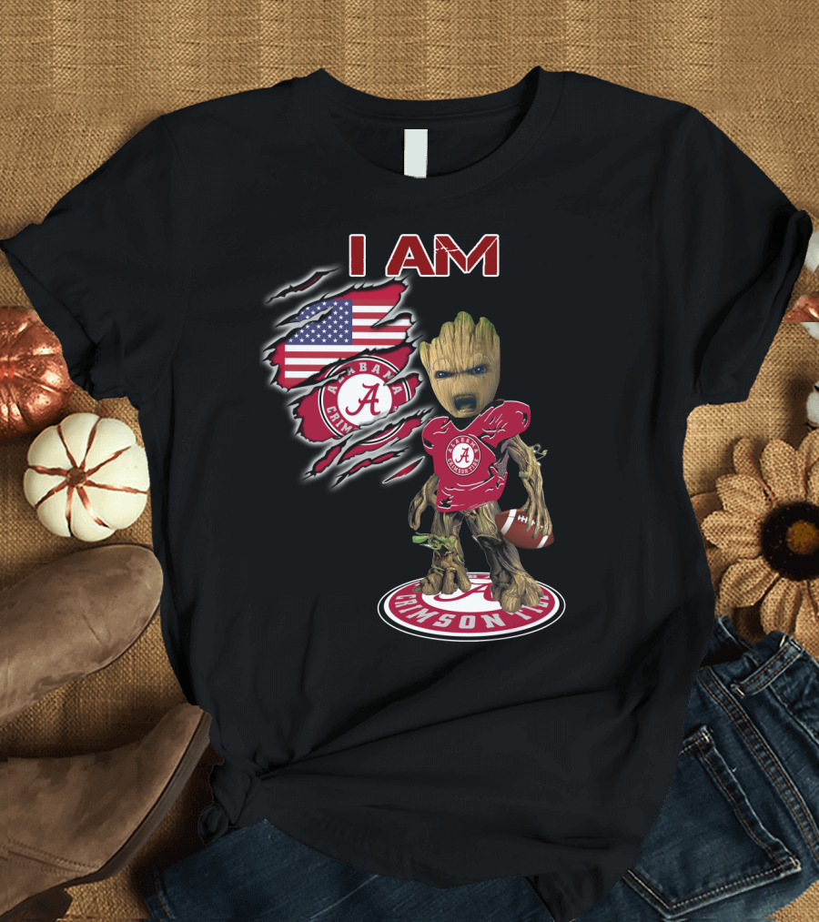 I Am Alabama Crimson Tide Baby Groot Usa Football Flag T-Shirt