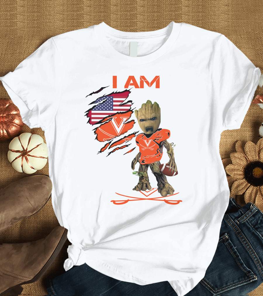 I Am Baby Groot Virginia Cavaliers Football Fan USA Flag T-Shirt