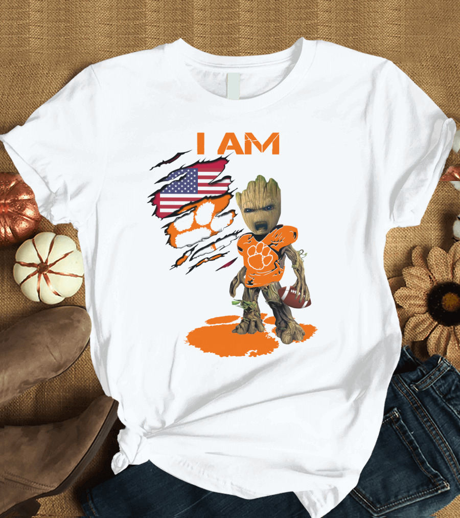 I AM Clemson Baby Groot American Flag Tiger Paw Football T-Shirt