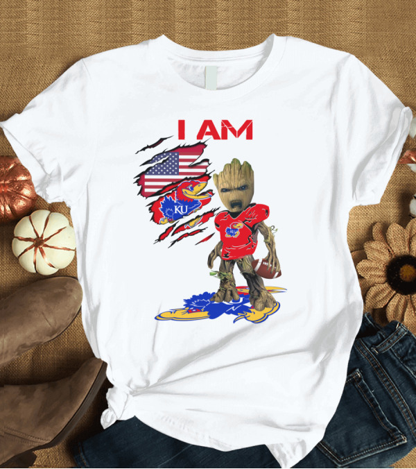 T-Shirt: I AM Baby Groot KU Football Jayhawks American Flag T-Shirt I AM Baby Groot KU Football Jayhawks American Flag T-Shirt