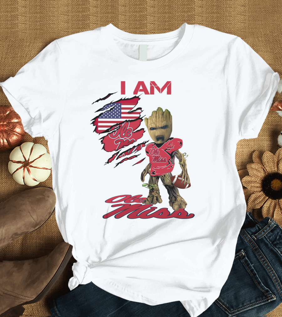 I Am Ole Miss Baby Groot Football USA Flag T-Shirt