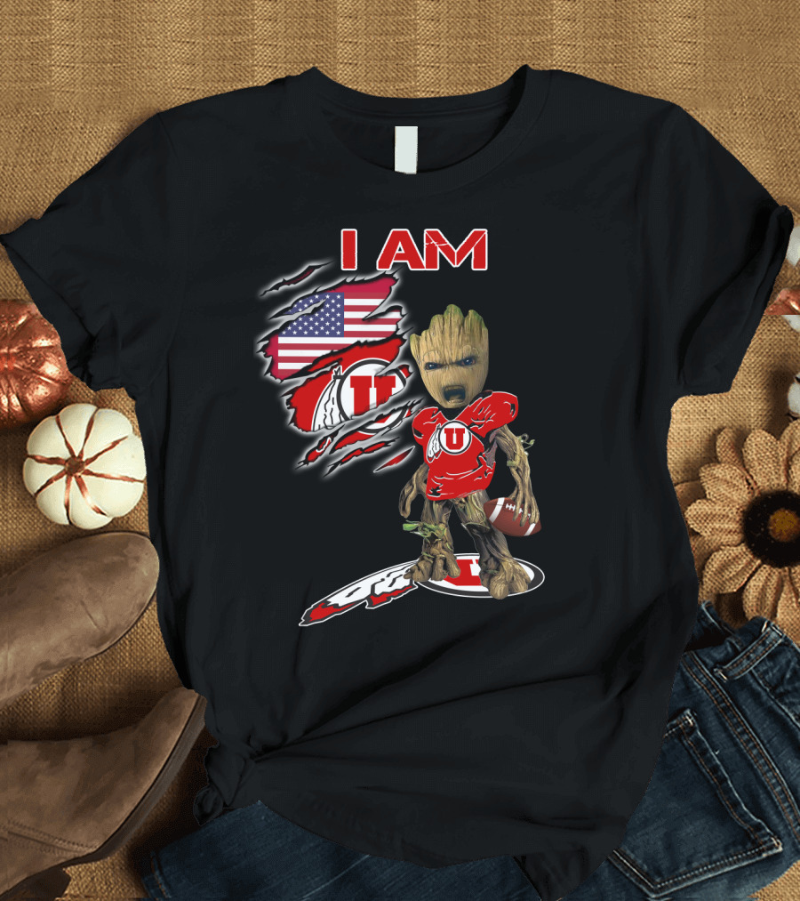 I AM Utes Baby Groot American Flag Football T-Shirt
