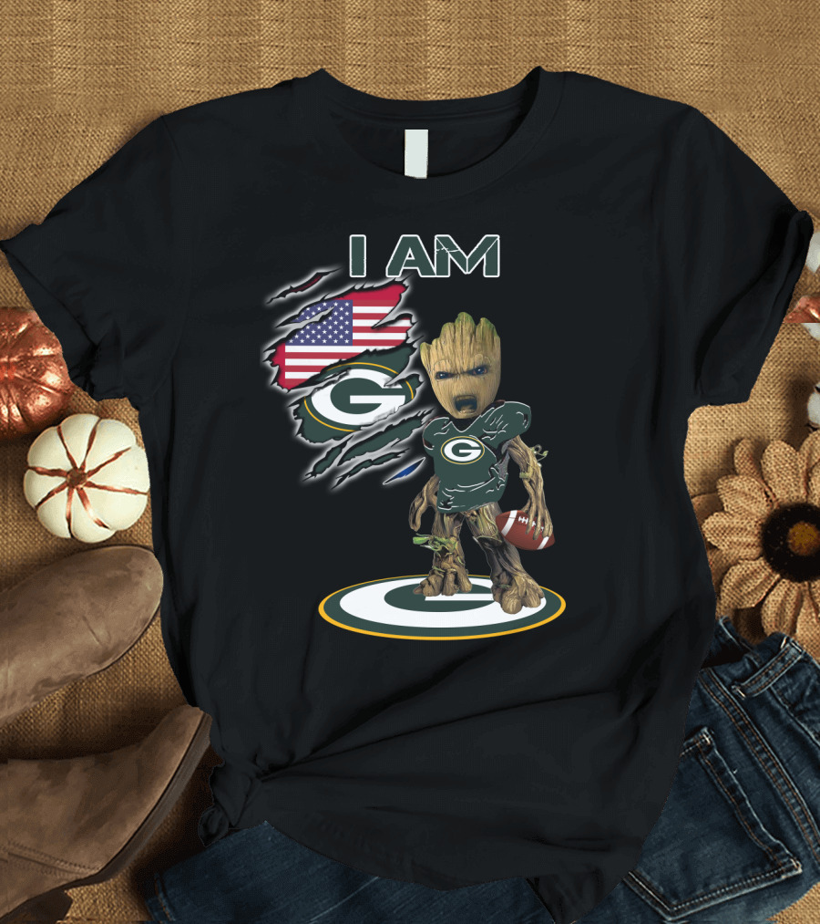 I Am Packers Baby Groot American Flag Football T-Shirt