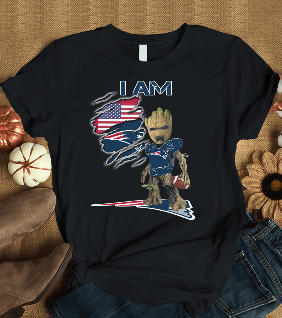 I AM Patriots Baby Groot American Flag Football T-Shirt