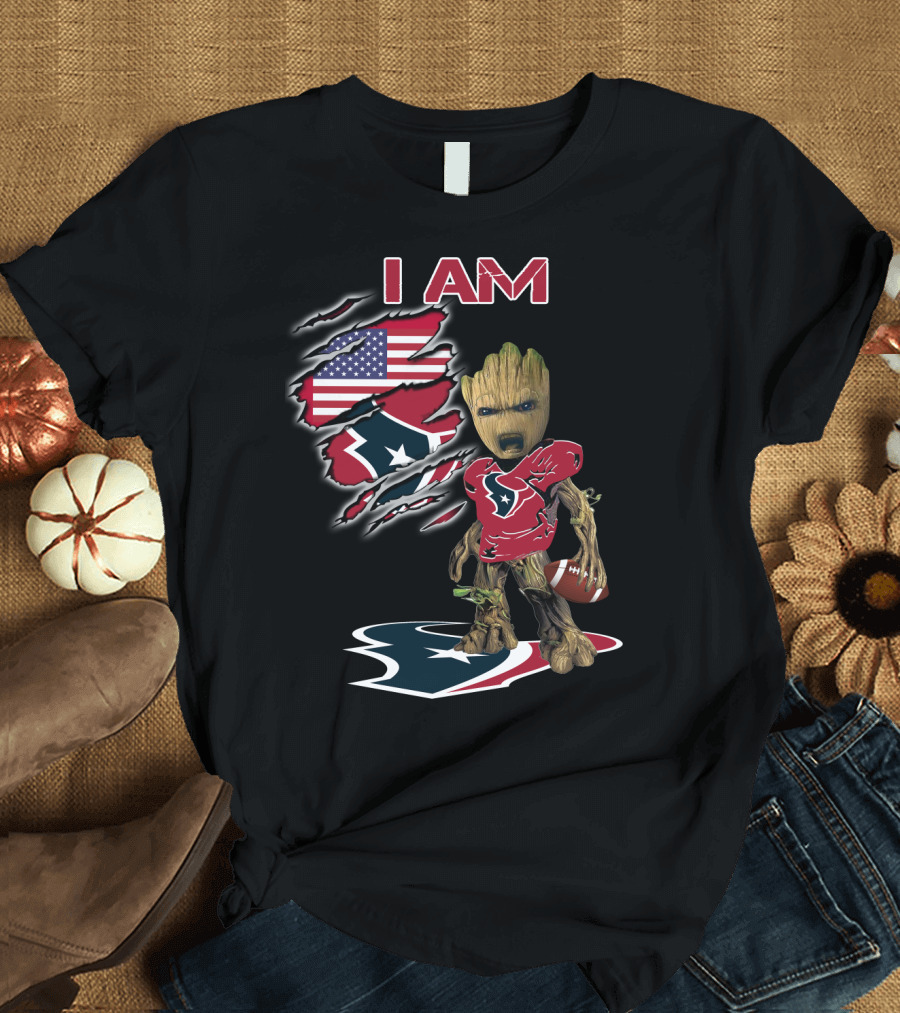 I Am Texans Baby Groot American Flag Football Fan T-Shirt