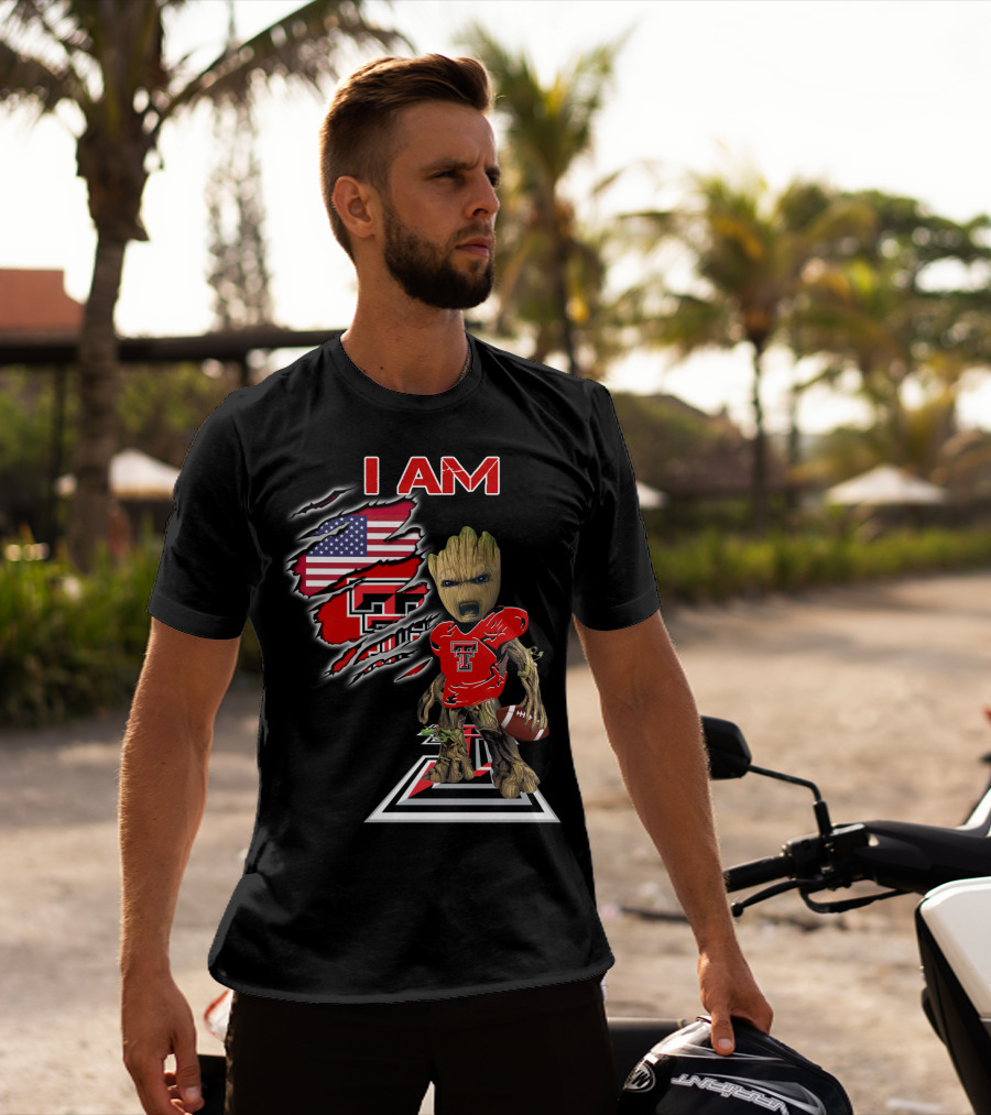 I AM Texas Tech Football American Flag Baby Groot T-Shirt