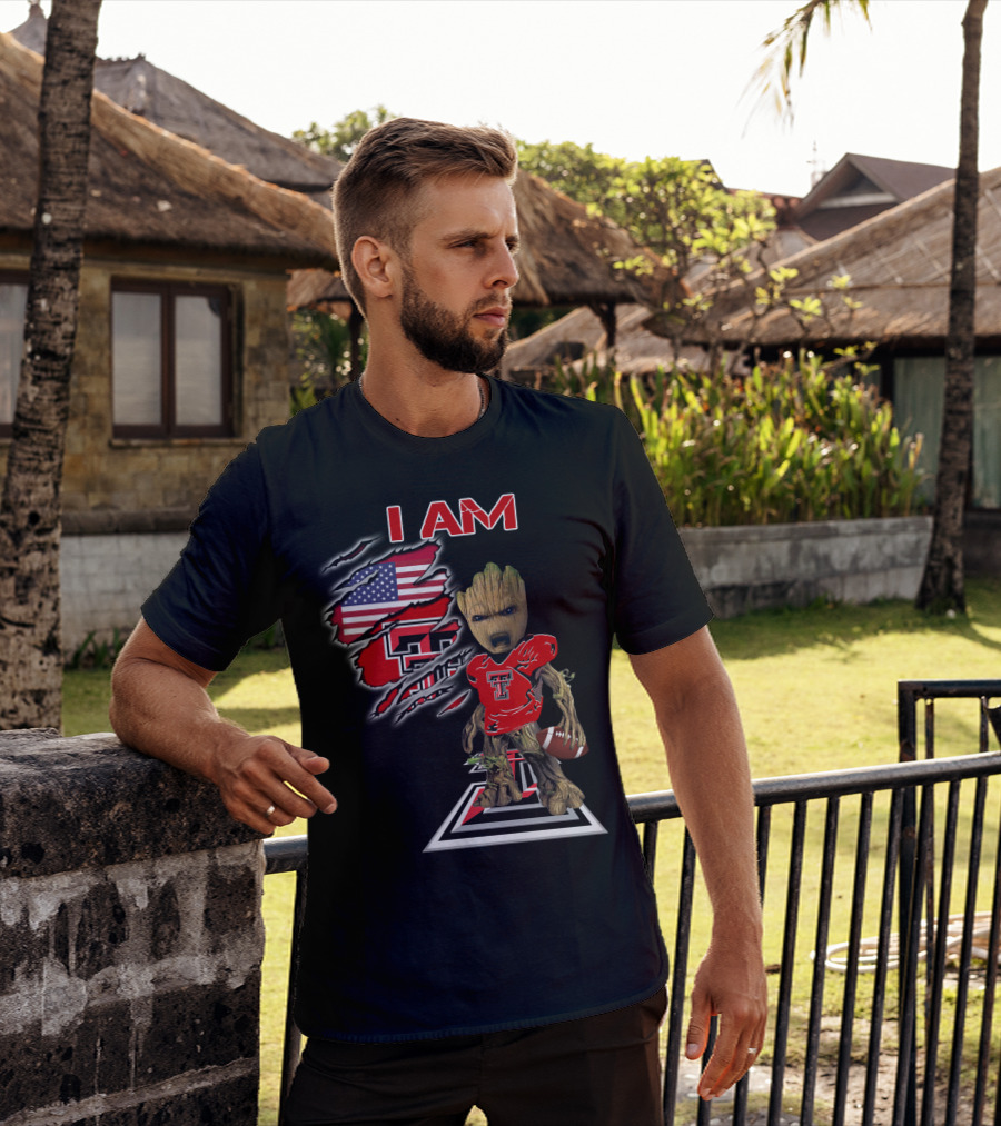 I AM Texas Tech Football American Flag Baby Groot T-Shirt