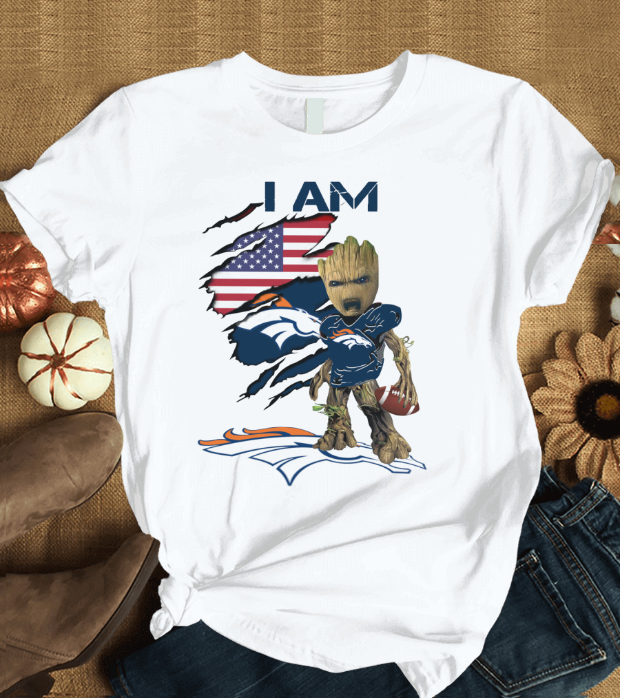 I Am Broncos Baby Groot American Flag Football T-Shirt