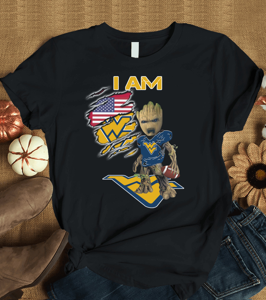I AM West Virginia Mountaineers Baby Groot Football Fan USA Flag T-Shirt