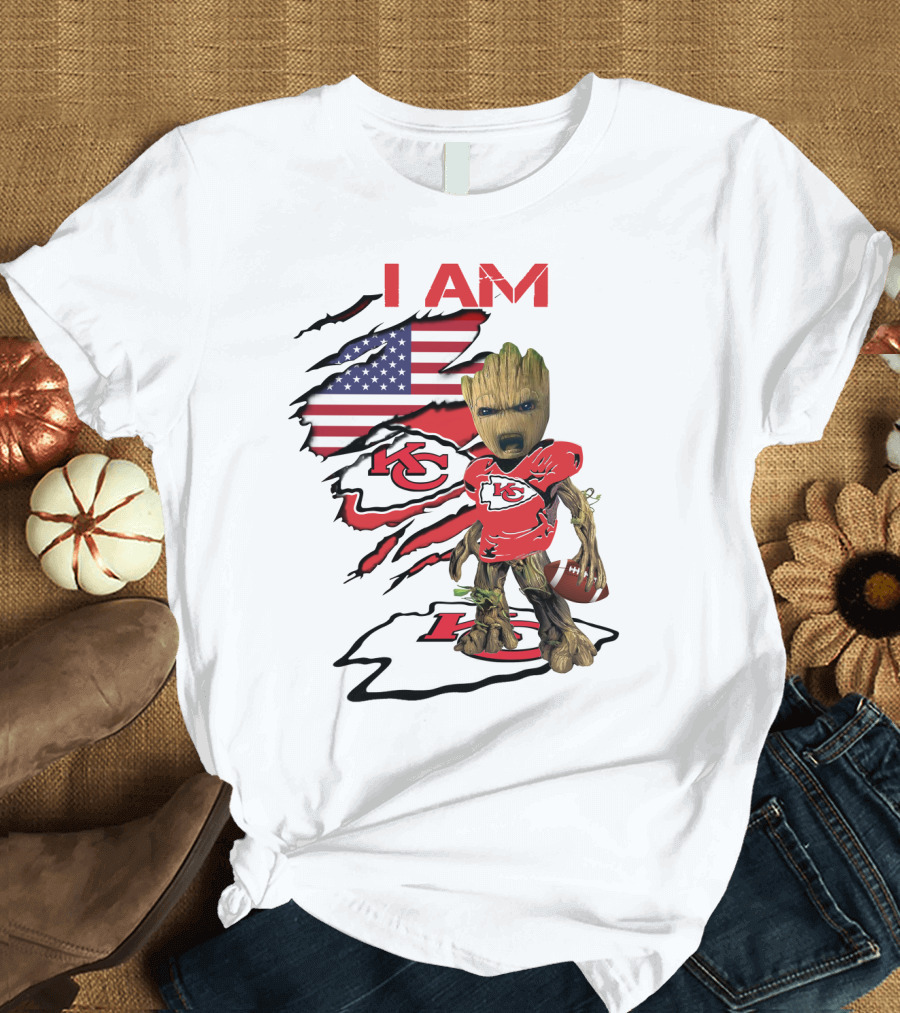 I Am Chiefs Baby Groot American Flag Football KC T-Shirt