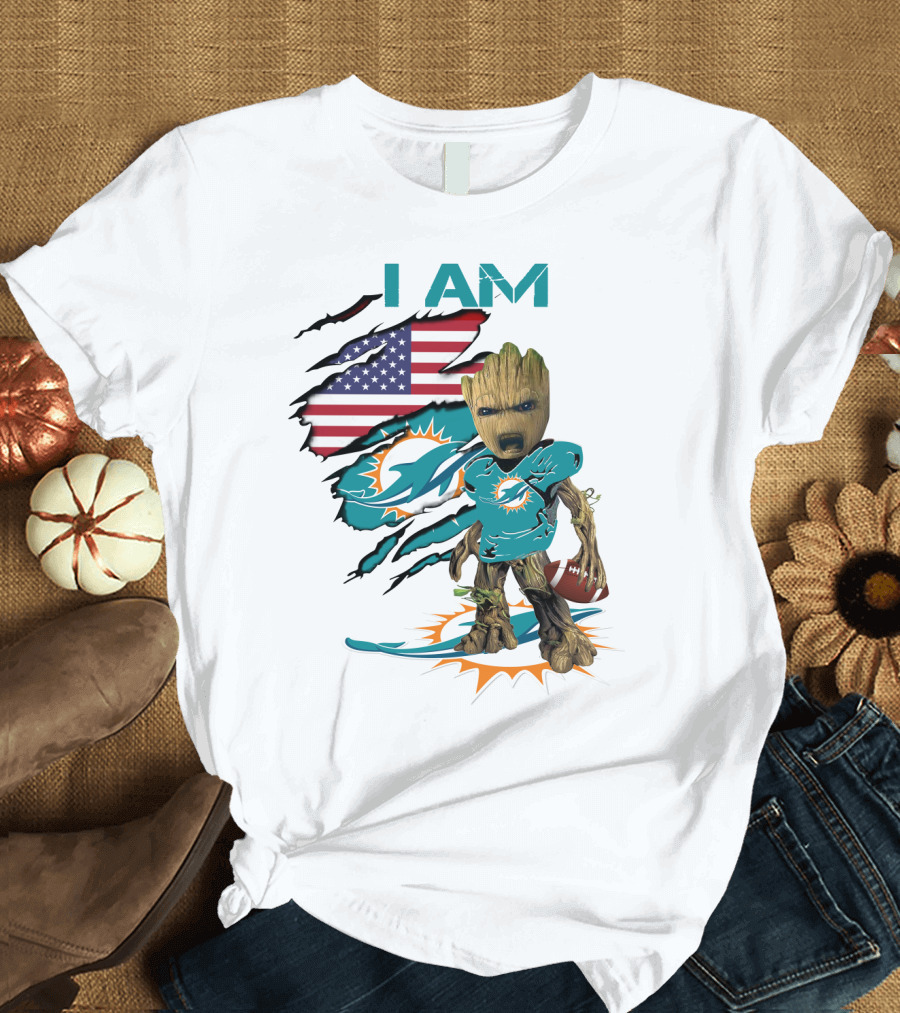 I Am Miami Dolphins Baby Groot American Flag Football T-Shirt