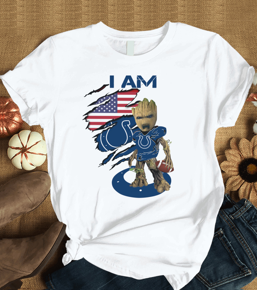 I Am Colts Baby Groot American Flag Football T-Shirt