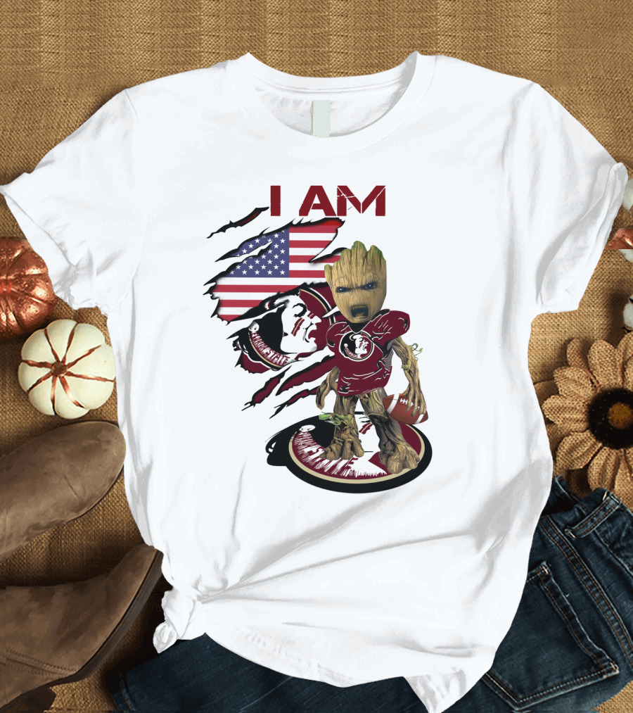 I Am Florida State University Baby Groot with American Flag and Football T-Shirt