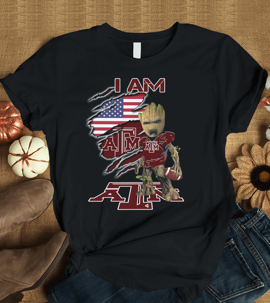 I AM ATM Baby Groot American Flag Football T-Shirt