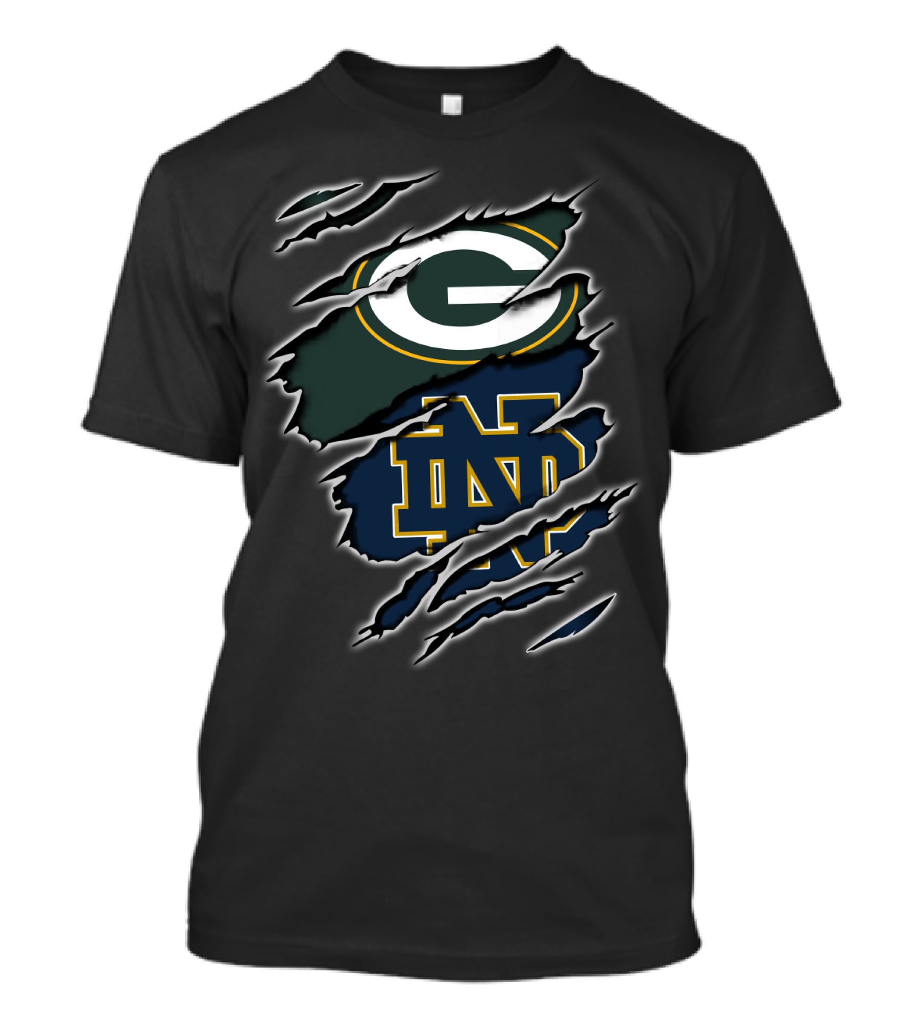 Packers G Green Bay Notre Dame Nd Blue Gold Logo Ripped Torn T-Shirt