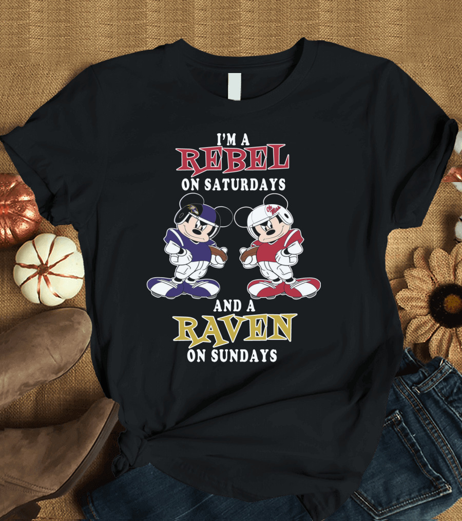 I'm a Rebel on Saturdays and a Raven on Sundays Mickey Football T-Shirt