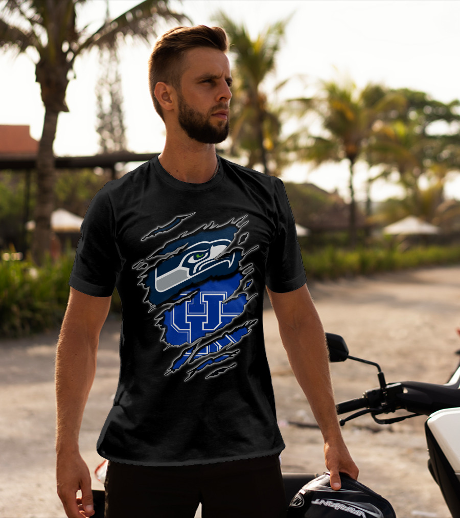 Seahawks Uk Blue Claw Mark Logo Ripped Effect T-Shirt