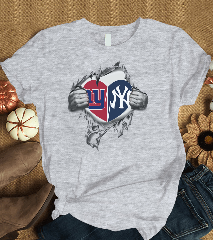 NY Giants Yankees Heart Torn Split T-Shirt
