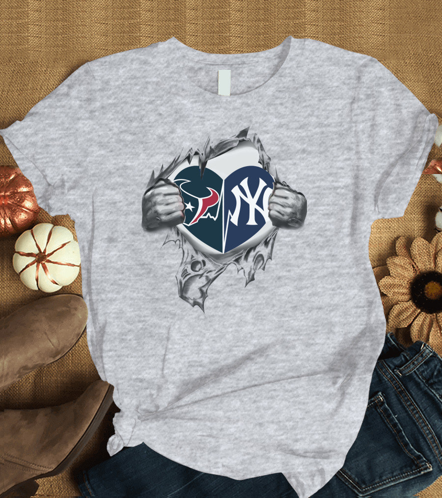 Texans Yankees NFL and MLB Split Heart T-Shirt