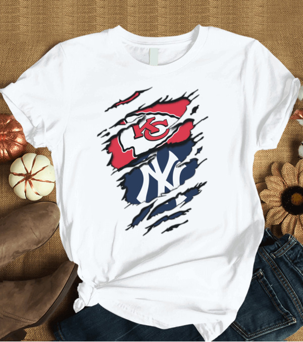 T-Shirt: Kansas City Chiefs New York Yankees Logos Clash T-Shirt Kansas City Chiefs New York Yankees Logos Clash T-Shirt