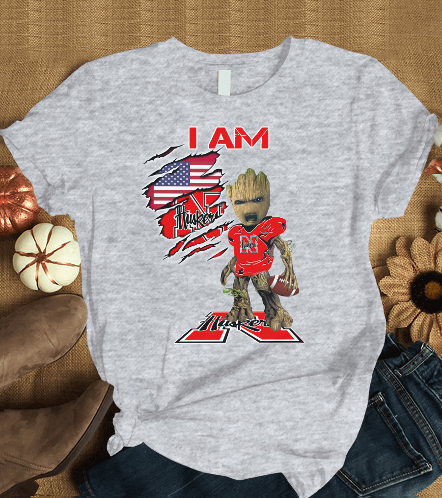 I Am Husker Baby Groot Football USA Flag T-Shirt