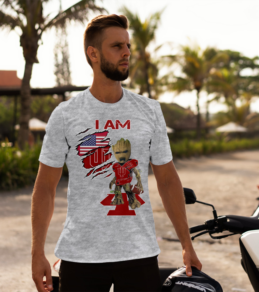 I Am Iu Hoosiers Baby Groot American Flag Football T-Shirt