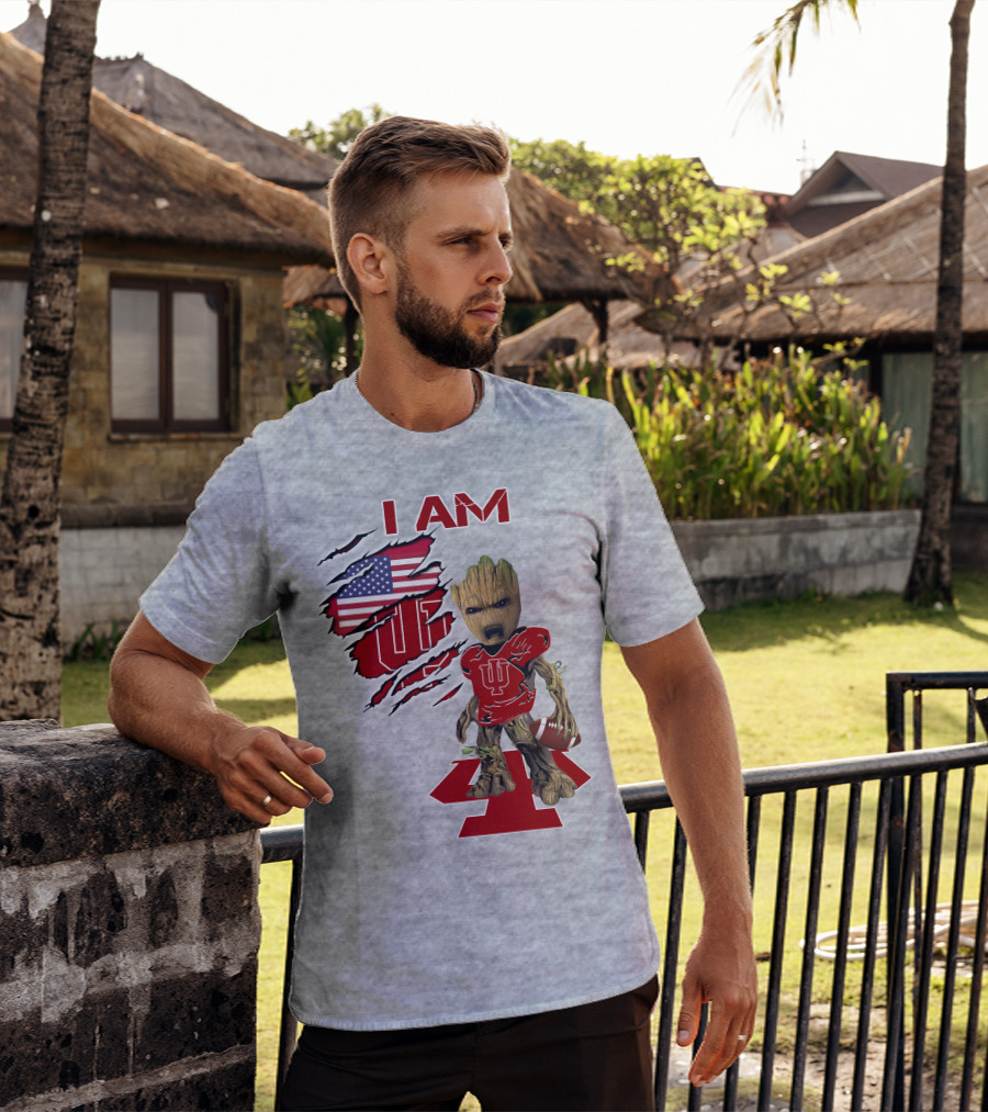 I Am Iu Hoosiers Baby Groot American Flag Football T-Shirt