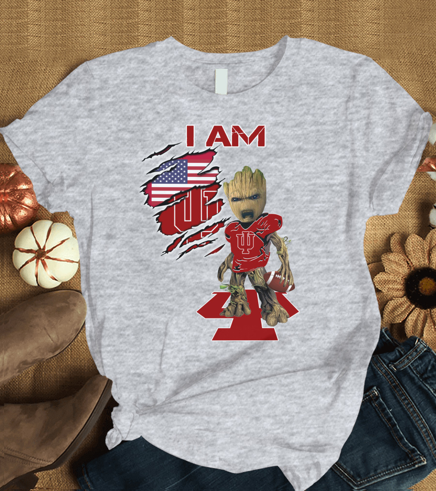 I Am Iu Hoosiers Baby Groot American Flag Football T-Shirt
