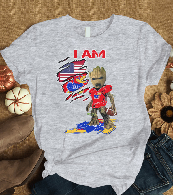 T-Shirt: I AM KU Baby Groot Kansas Jayhawks Football Patriotic American Flag T-Shirt I AM KU Baby Groot Kansas Jayhawks Football Patriotic American Flag T-Shirt