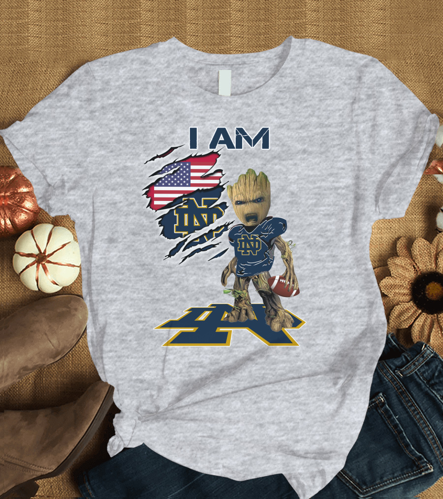 I Am Notre Dame Baby Groot American Flag Football T-Shirt